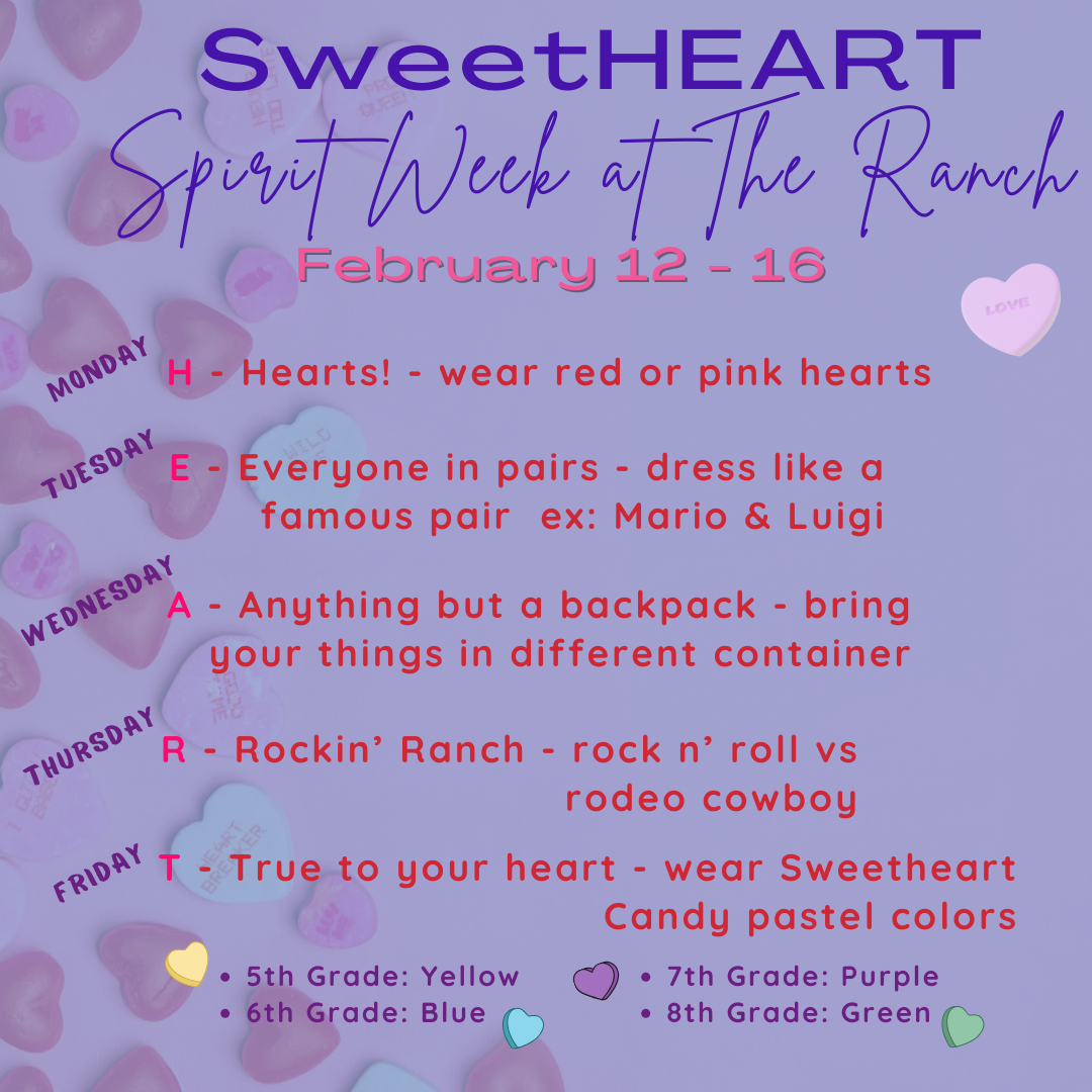 SweetHEART Spirit Week Flyer - info for each day with candies on background